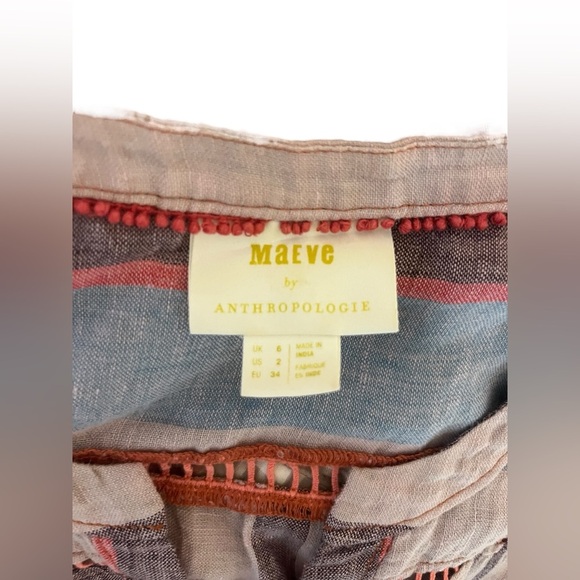 Anthropologie Maeve Linen Striped Tie Front Sleeveless Shirt Sz 2 - Picture 4 of 7